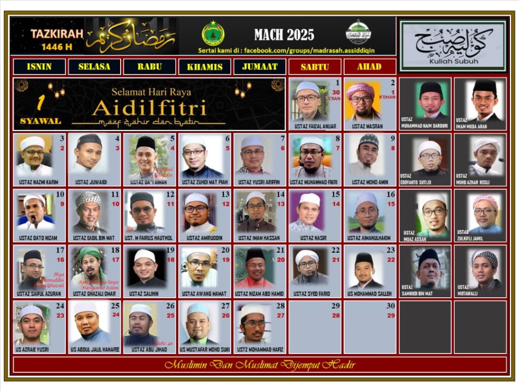 Jadual kuliah Maghrib & Subuh Surau As-Siddiqin BTP Mac 2025