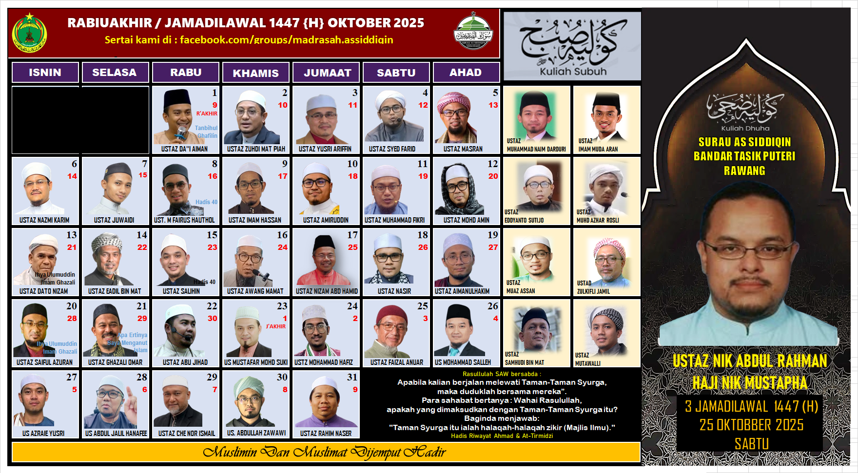 Jadual kuliah Maghrib & Subuh Surau As-Siddiqin BTP Oktober 2025