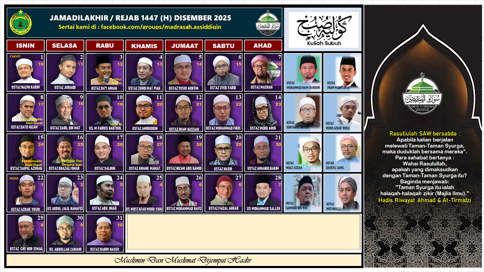 Jadual kuliah Maghrib & Subuh Surau As-Siddiqin BTP Disember 2025
