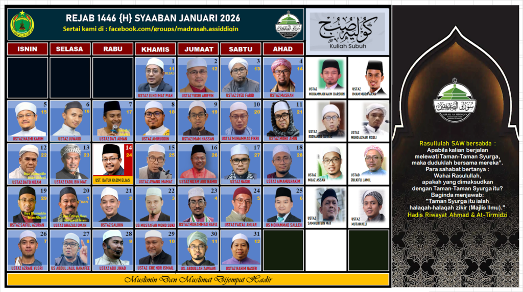 Jadual kuliah Maghrib & Subuh Surau As-Siddiqin BTP Januari 2026