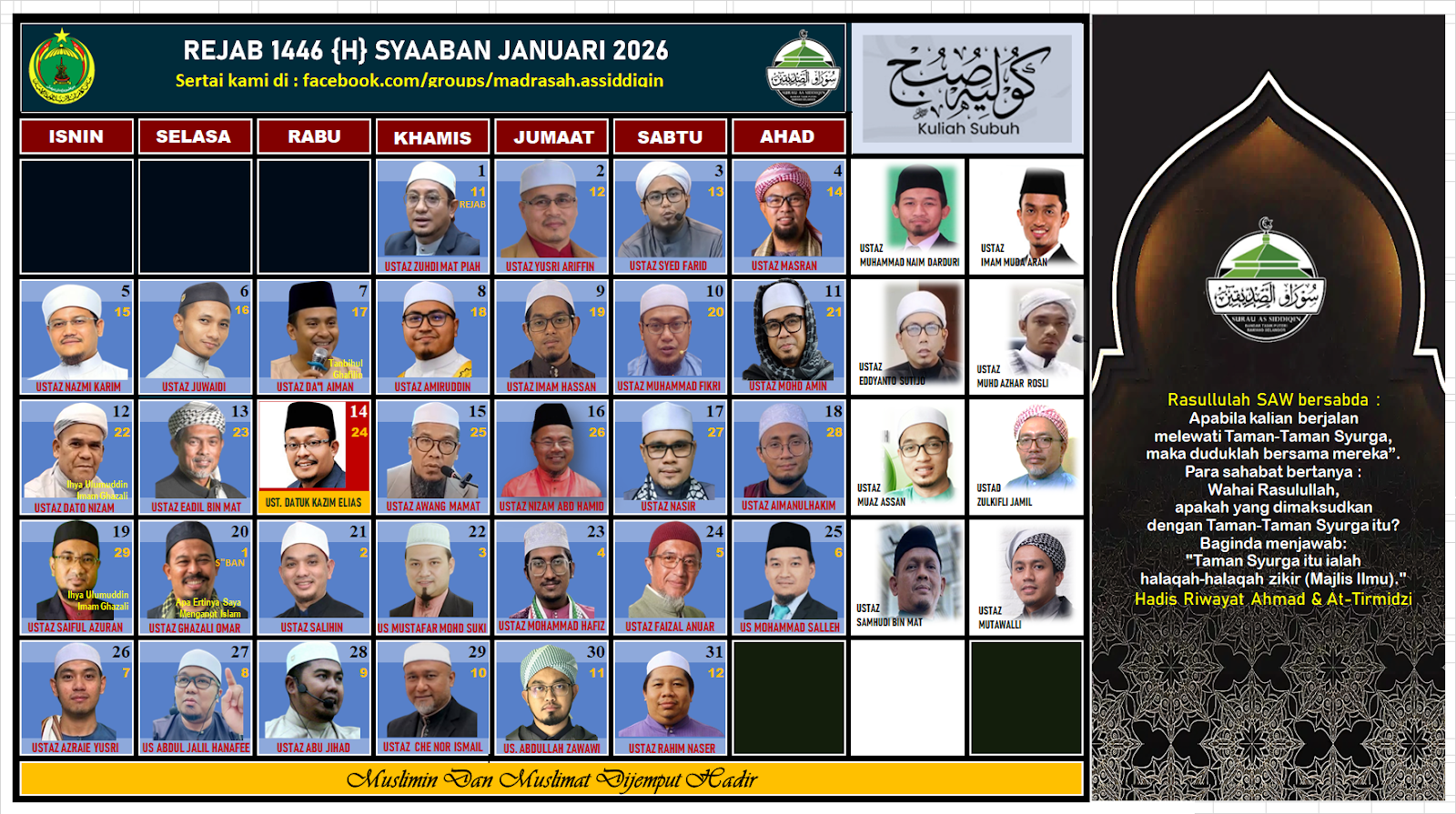 Jadual kuliah Maghrib & Subuh Surau As-Siddiqin BTP Januari 2026